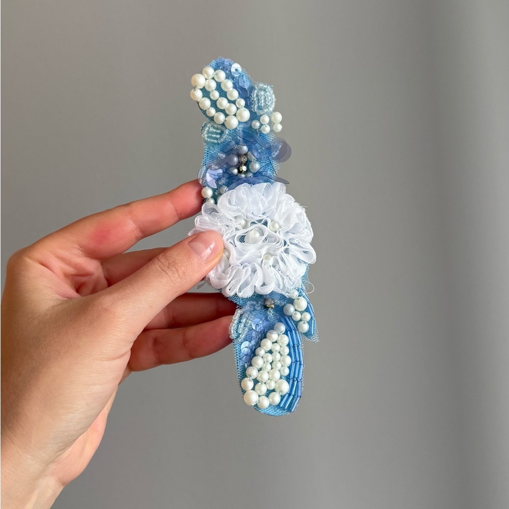 Pearl Beaded Blue & White Floral Applique Embellishment for Crafts